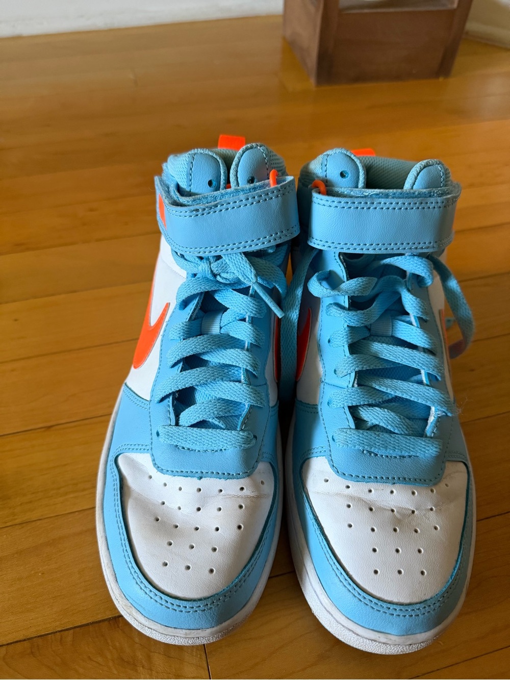 Nike Kids Light Blue & White High-Top Sneakers with Orange Swoosh
